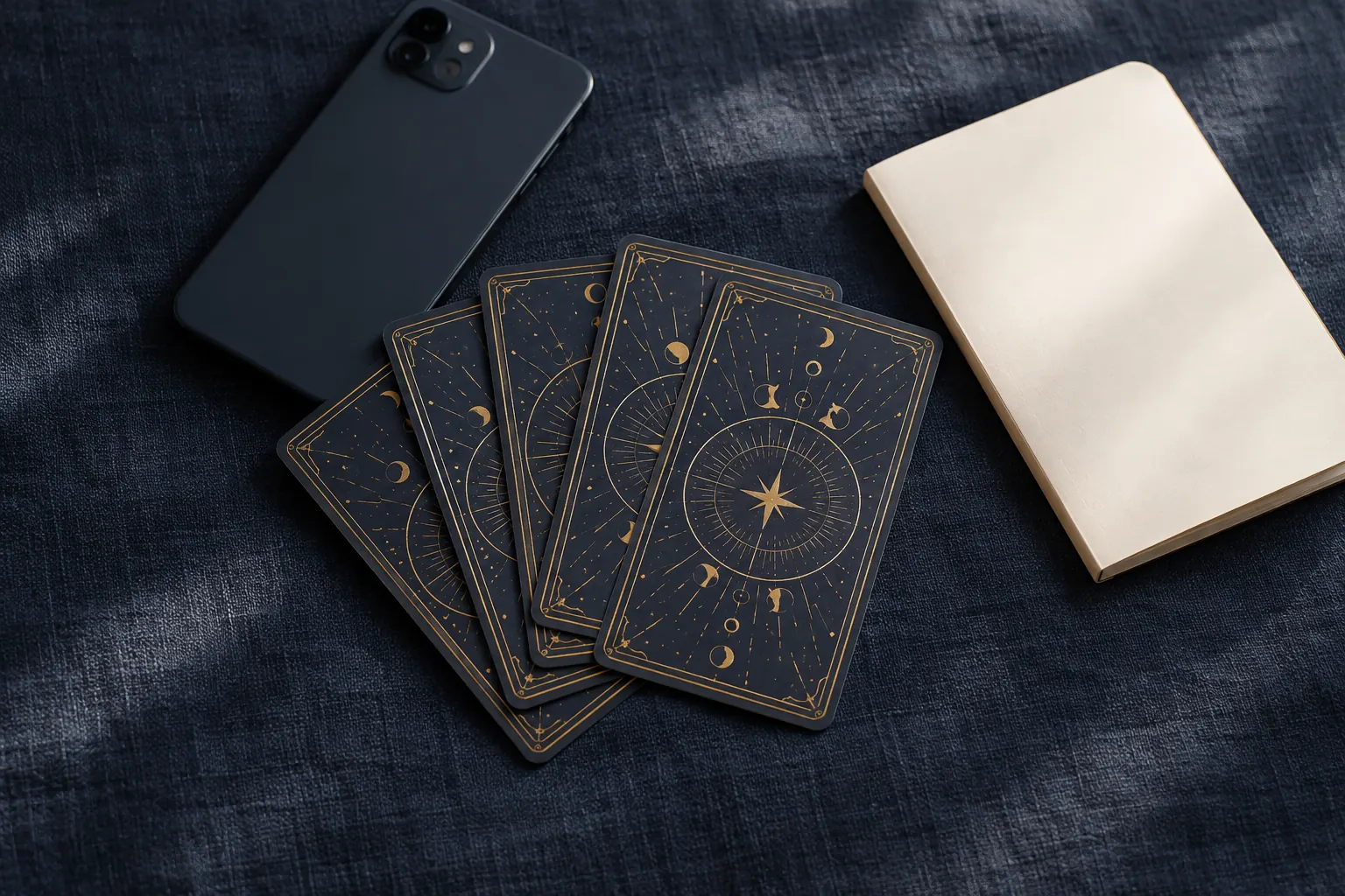 Kartenrückseiten, ein Telefon und ein offenes Notizbuch auf dunkelblauem Stoff